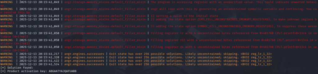 Symbolic execution with angr successfully recovers the product key.