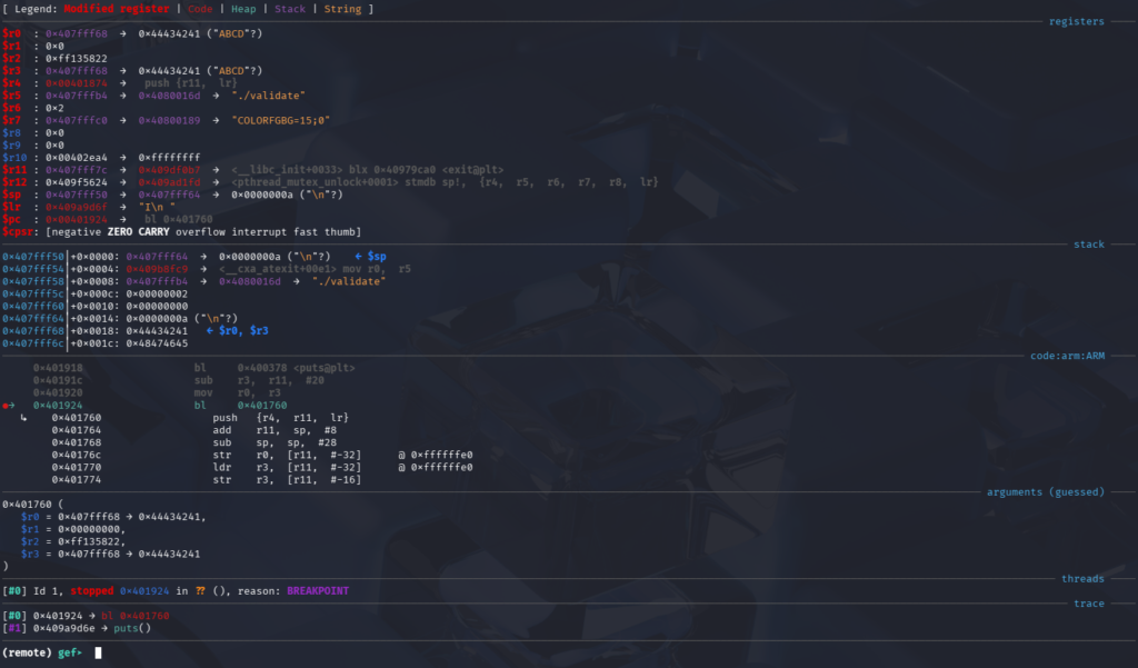 GDB interface showing breakpoint placement and program continuation.