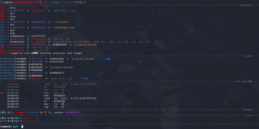 Comparison of decrypted key byte (R4) against the expected key byte (R3) during validation.
