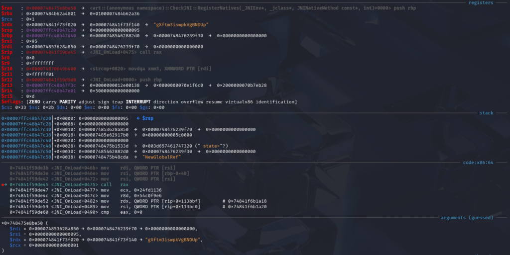 r2pay APK button click in GDB showing $rdx pointing to a JNINativeMethod entry, which maps the Java method to its native function.